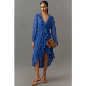 NWT Anthropologie Long-Sleeve Ruffled Asymmetric Blue Midi Dress Sz XS